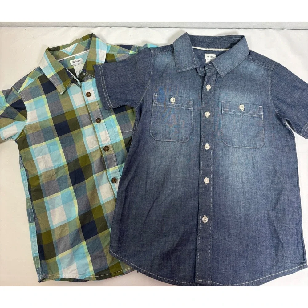 Carters Boys Size 7 Plaid and Chambray Blue Green Short Sleeve Button Down Lot 2